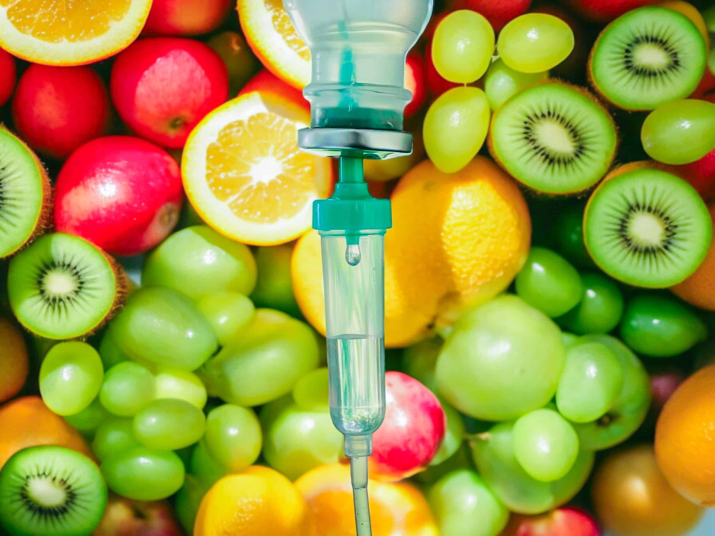 An IV vitamin drip is displayed alongside fresh fruits, symbolizing natural therapy and medical use of intravenous fluids to restore lost nutrients and minerals